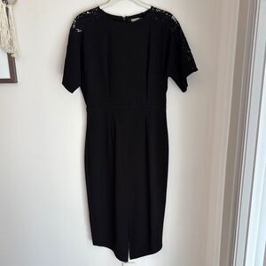 ASOS women’s short sleeve Black lace crepe Sheath Midi Dress Crew Neck 8 NWT!